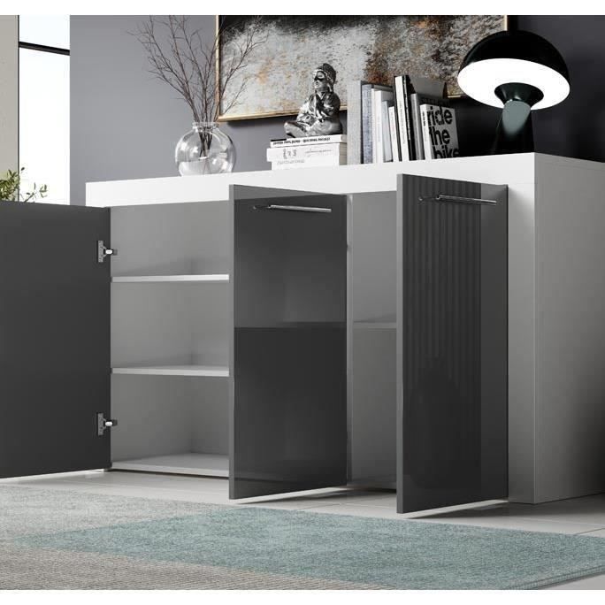 Sideboard mit 3 Türen | 144 x 80 x 42 cm | Weiß und Grau Hochglanz | Stauraum | NELIA