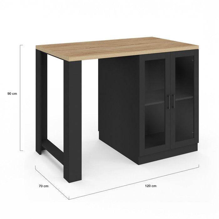 Isla central IDMARKET LINO de 120 cm para 2 personas, madera negra con encimera efecto haya y puertas de cristal.