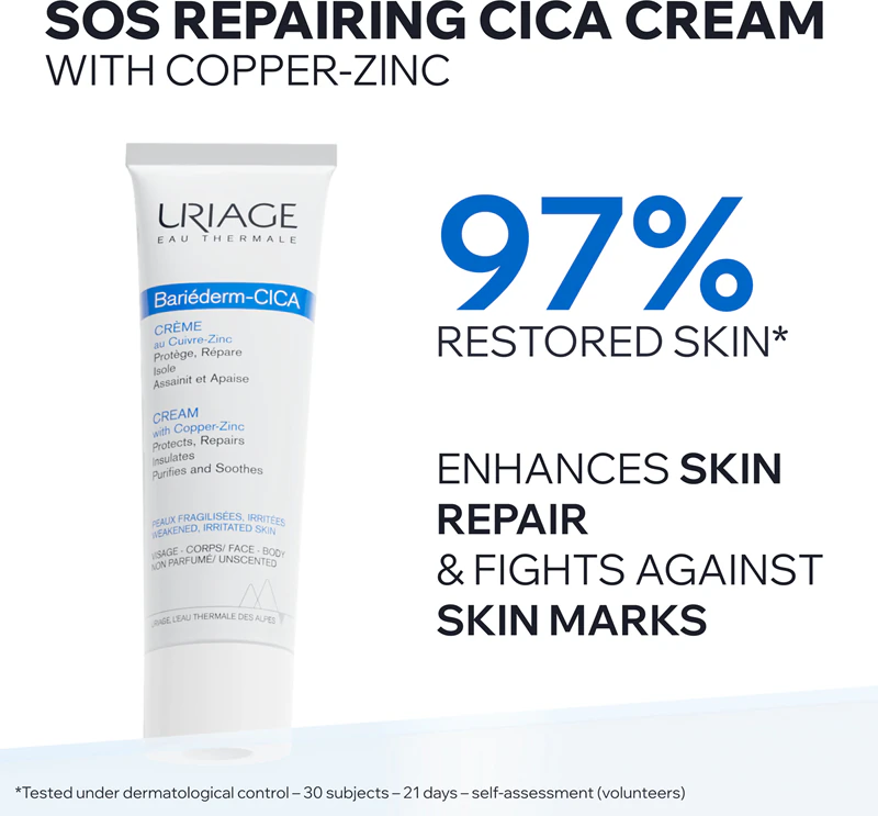 Uriage Bariéderm Cica-Creme mit Kupfer-Zink-Reparaturcreme, die Kupfer und Zink mit Panthenol enthält