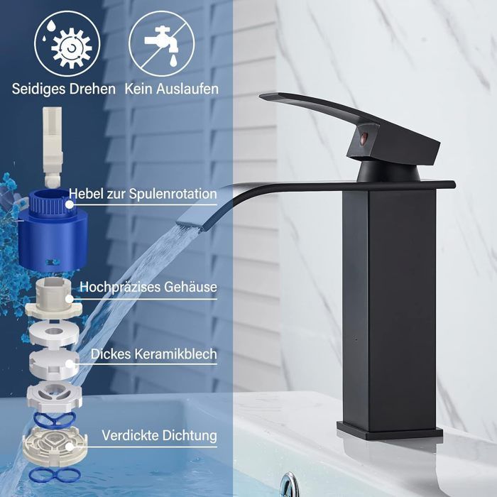 Miscelatore per lavabo a cascata - Rubinetto per bagno - Miscelatore acqua calda e fredda - Nero opaco