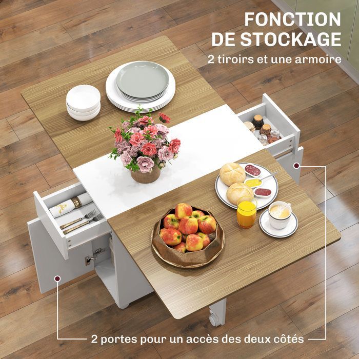 Table à manger pliable pour 2-6 personnes, table de cuisine sur roulettes avec 2 tiroirs 2 placards, 140x76x74cm, blanc