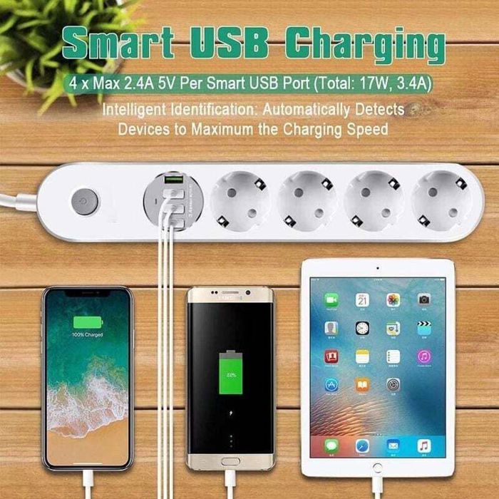 Regleta USB con protector contra sobretensiones, 4 tomas de corriente con 4 puertos USB, regleta con interruptor.