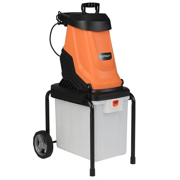 Broyeur de Jardin Électrique 2800W COSTWAY, Bac de Collecte de 50L, Diamètre de Coupe 45 mm, Roues, Mulcheur Filaire à Bois, Orange