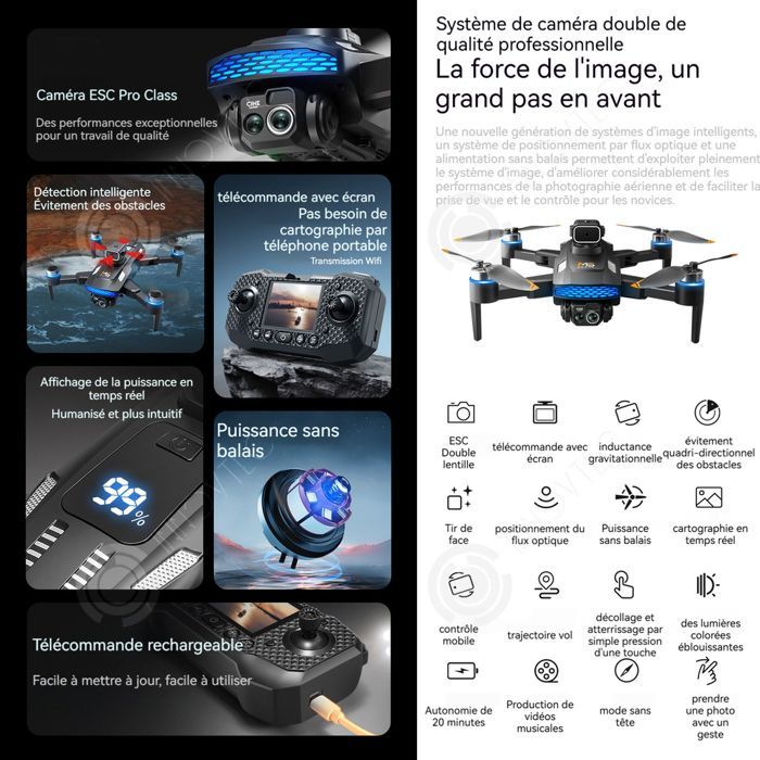 Drone INN de 2000 mAh con cámara, control remoto, pantalla en vivo, zoom de 50x, 3 baterías, 4 modos de evasión de obstáculos laterales, foto