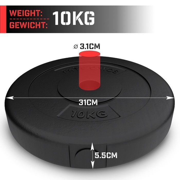 Physionics® Weight Plates - Set of 2 x 10 kg, Ø 31 mm, with Plastic Coating - Plates for Dumbbells, Fitness,