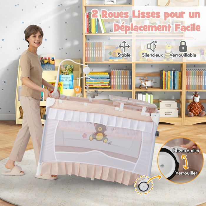 Cuna de viaje plegable 4 en 1 para bebé COSTWAY - Colchón, mosquitera, cambiador - 2 ruedas - Caja de música, 3 juguetes - Rosa