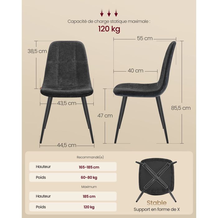 VASAGLE Chaises de Salle à Manger, Lot de 6, Support Métallique, Pieds Réglables, Tissu Chenille, PU Texturé Glacé, Gris Ardoise