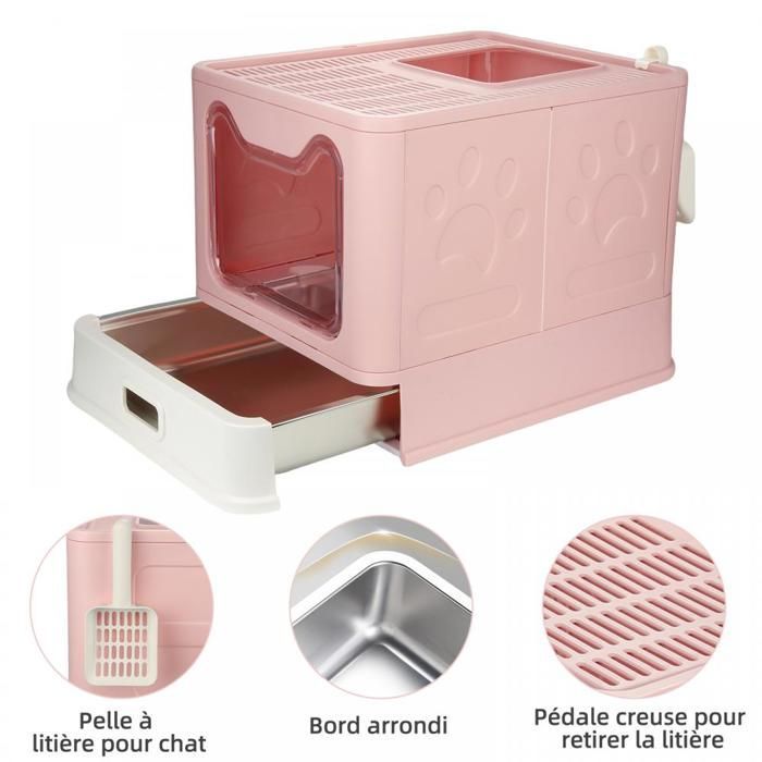 SUPFINE Bac à Litière pour Chat avec 2 Portes, Maison de Toilette Pliable pour Chat avec Couvercle et Tiroir, 41 × 51 × 38 cm