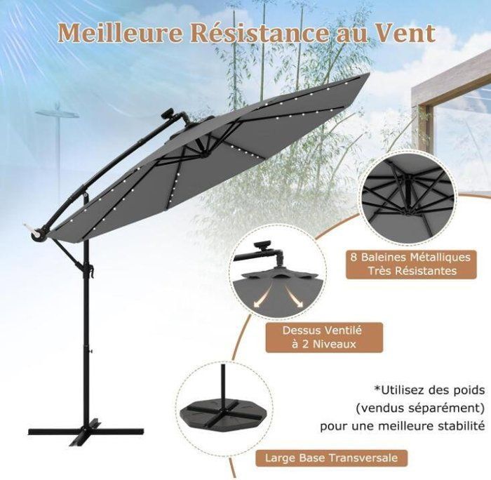 Ombrellone da giardino per esterni - RELAX4LIFE - 3 m - 40 luci LED - Inclinazione e manovella regolabili - Base a croce - Grigio