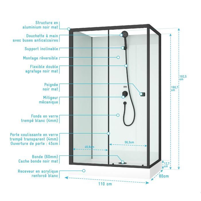Mampara de ducha rectangular de 110x80x197 cm - Puerta corredera - Panel trasero blanco y perfiles en negro mate