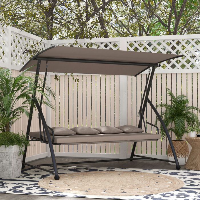 Balancelle de jardin - Outsunny - 3 places - convertible - toit inclinaison réglable, coussin - 218 x 120 x 168 cm - marron clair