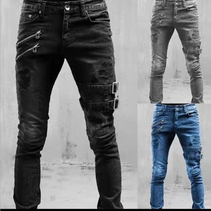 Jeans da motociclista da uomo con elastico in vita, tinta unita, stile casual alla moda - Grigio