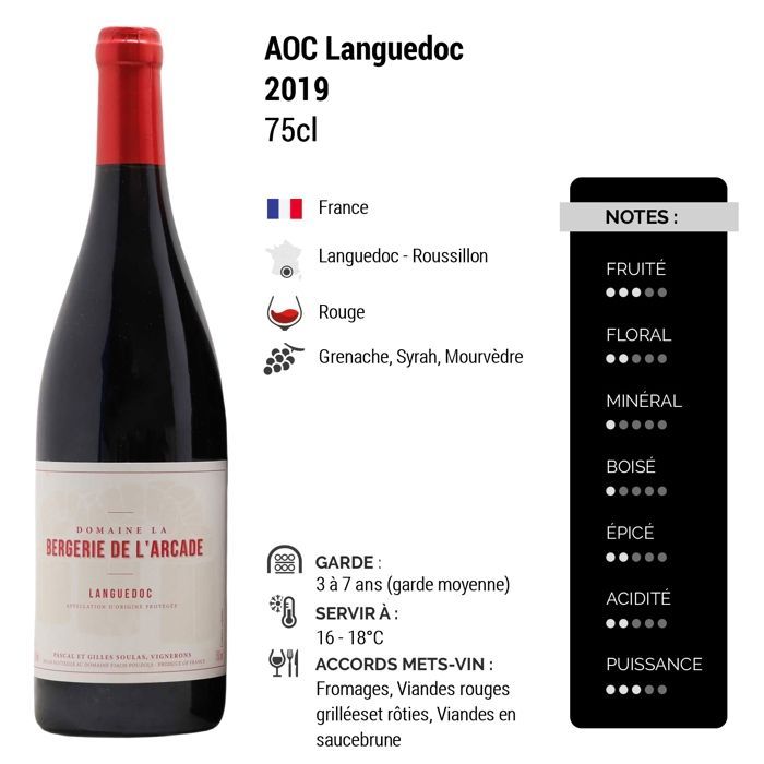 Domaine de la Bergerie de l'Arcade Languedoc 2019 - Vin Rouge du Languedoc - Roussillon (75cl)