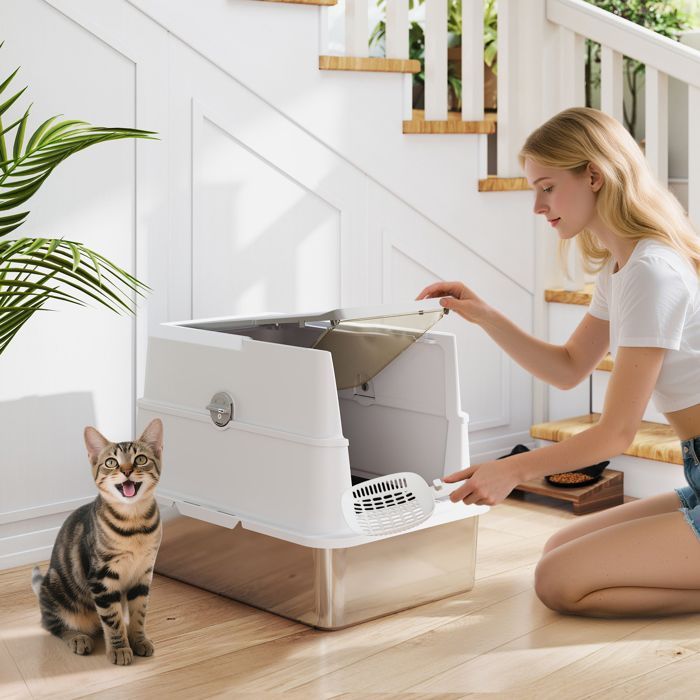 XL enclosed stainless steel litter box, large cat toilet, 60.2 x 40.2 x 43.3 cm, light gray