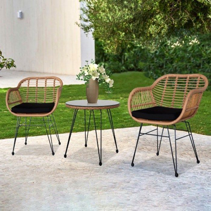 Set di mobili da giardino, 2 sedie + 1 tavolo, con cuscini, in rattan intrecciato