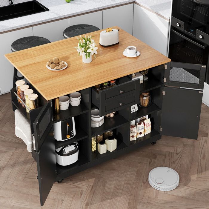 Carrinho de Cozinha - Preto - Tampo Extensível 70x120 cm - 5 Rodas Giratórias - 2 Gavetas Profundas
