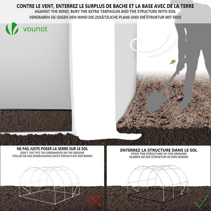 VOUNOT® Serre de jardin tunnel Toute Saison 9m² blanc - acier galvanisé - fenêtres et portes latérales zippées enroulables