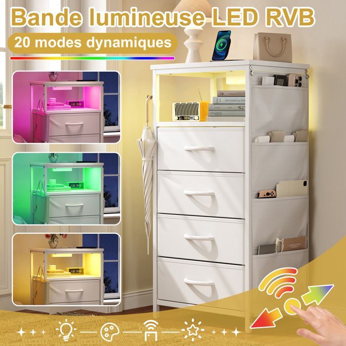 Commode 4 Tiroirs, Meuble Rangement Moderne, Table de chevet, Meuble Chambre Bureau Salon Cuisine, 40x30x79cm, Blanc