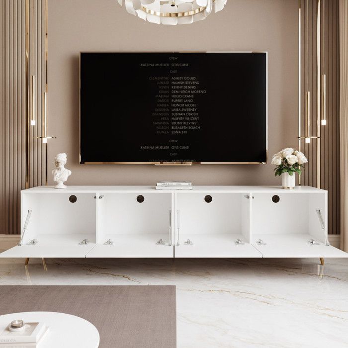 Meuble TV ANGEL - avec LED - 200x40x49 cm - 4 portes sans poignées - Blanc brillant