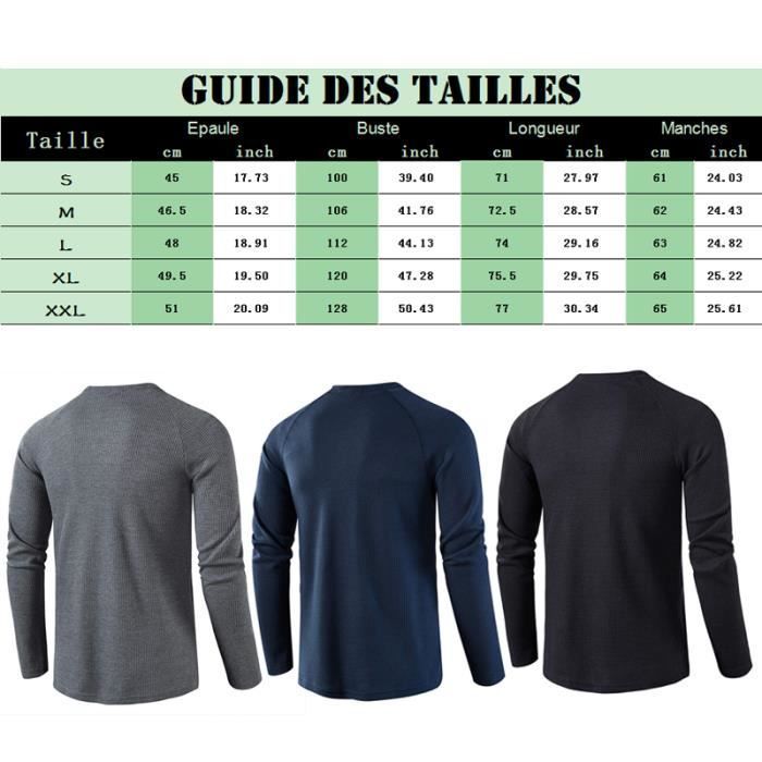 Camiseta para hombre - FONDUPIN - Pack de 3 - Cuello redondo - Manga larga - Gris oscuro + Azul + Negro