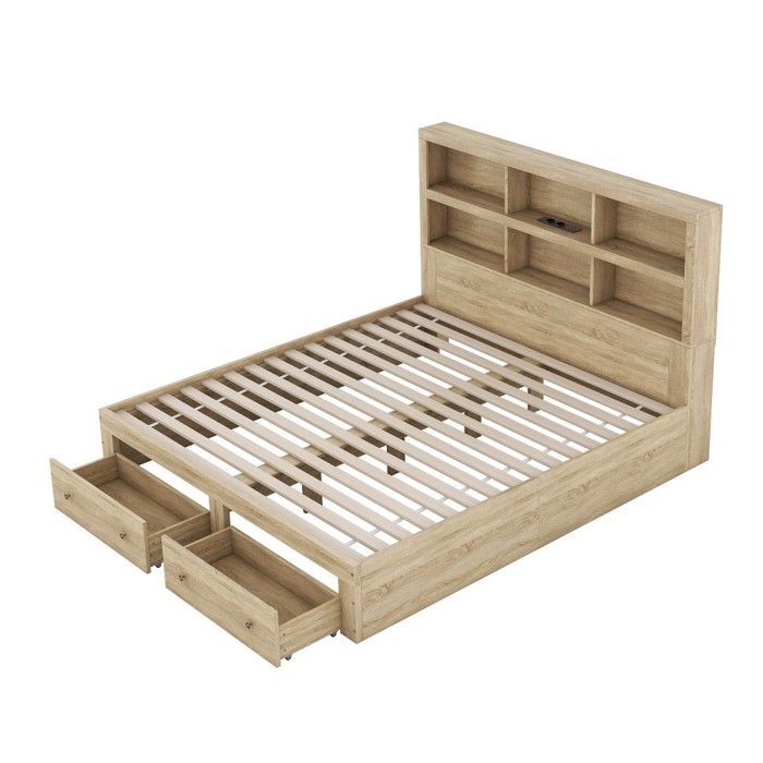 Cama doble King-size de 160x200 cm con plataforma natural, 2 cajones y cabecero, amplio espacio de almacenamiento (colchón no incluido), fabricada en aglomerado.