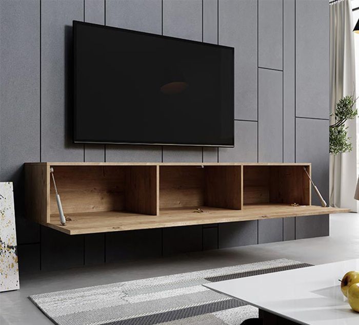 Mobile TV a parete per soggiorno | 1 anta con 3 vani | Finitura rovere | L 180 x P 40 x H 30 cm | Modello Aitana M2