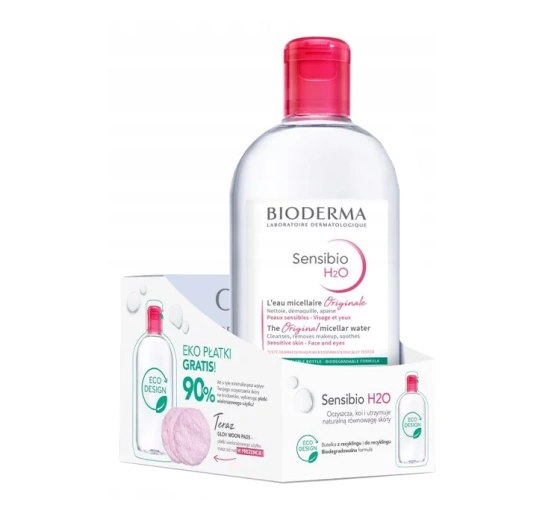 Bioderma Sensibio H2O zestaw płyn micelarny do skóry wrażliwej 500 ml   wielorazowe płatki kosmetyczne