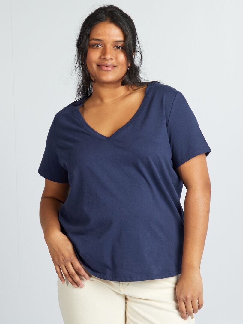 T-shirt met V-hals van jersey - Blauw Zwart