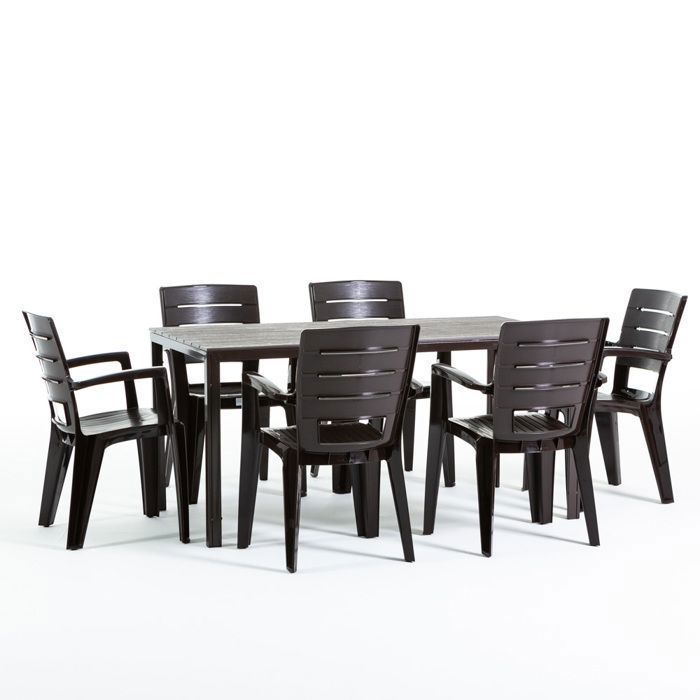 Conjunto de jardín con mesa Thomas y 6 sillas Anita de resina, estructura de hierro y tablero de polietileno (Moka).