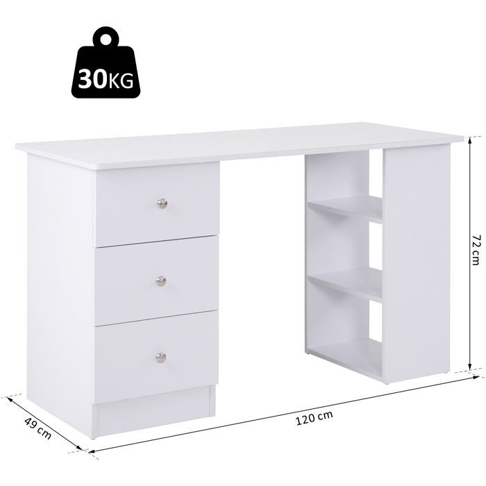 Escritorio para ordenador - HOMCOM - mueble multimedia multifuncional con 3 cajones y 2 estantes - madera - 120x49x72cm - blanco