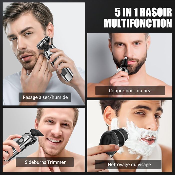 Rasoio elettrico da uomo 5 in 1, taglia barba senza fili, rasoio elettrico con display a LED, tagliacapelli con base