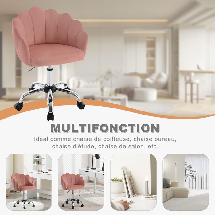 Silla de oficina giratoria WOLTU de terciopelo, silla de tocador con respaldo de pétalos, altura ajustable, rosa W0ATT0396