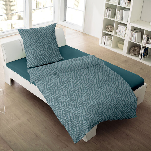 Κλινοσκεπάσματα ζακάρ φανέλας, 155/220 + 80/80 cm, πετρόλ με μοτίβο διαμαντιού