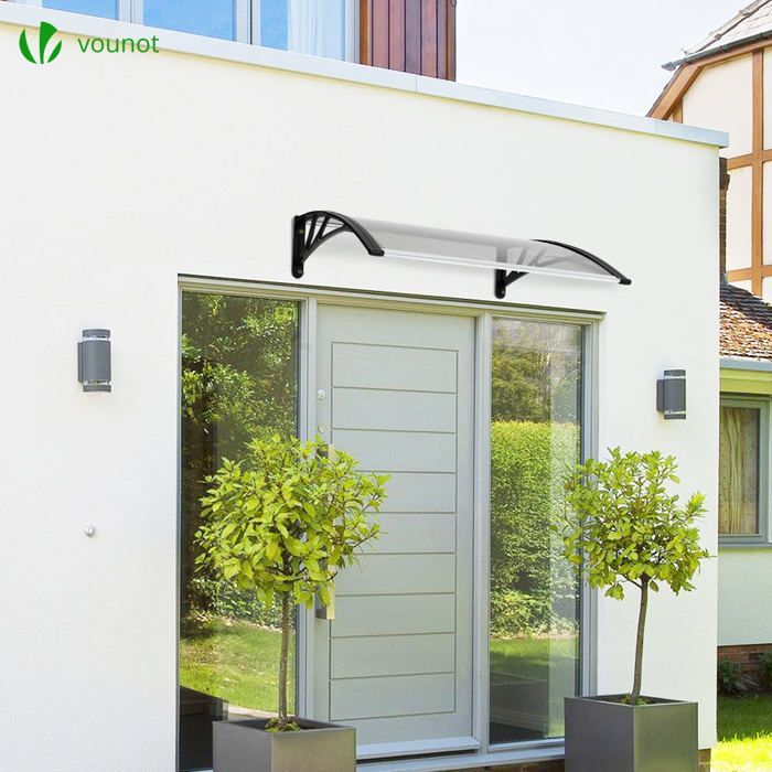 VOUNOT® Marquise auvent de porte d'entrée 100x80cm - Polycarbonate transparent - Anti-UV - Noir