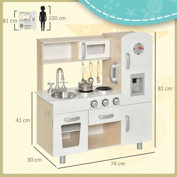 Cuisine pour enfant - HOMCOM - jeu imitation bois nombreux accessoires rangements - MDF pin - blanc chêne clair
