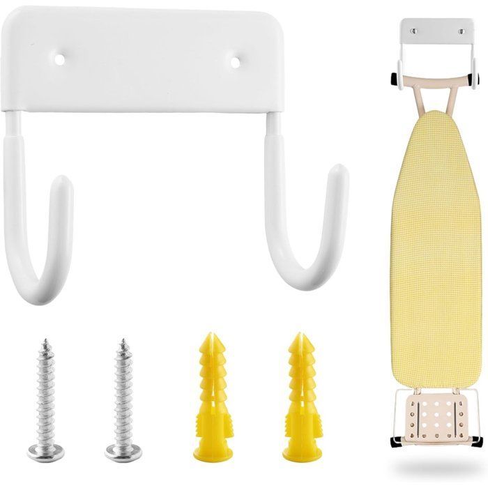 Wall-Mounted Ironing Board Holder 12x11cm White, Storage Hook for Laundry Room or Garage