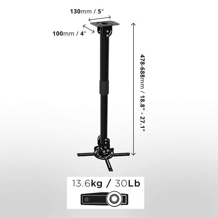 Duronic PB04XL Support pour Vidéoprojecteur Plafond Rotatif 360° Inclinable 30° et Pivotable 20° Charge maximale de 13,6 kg Bras
