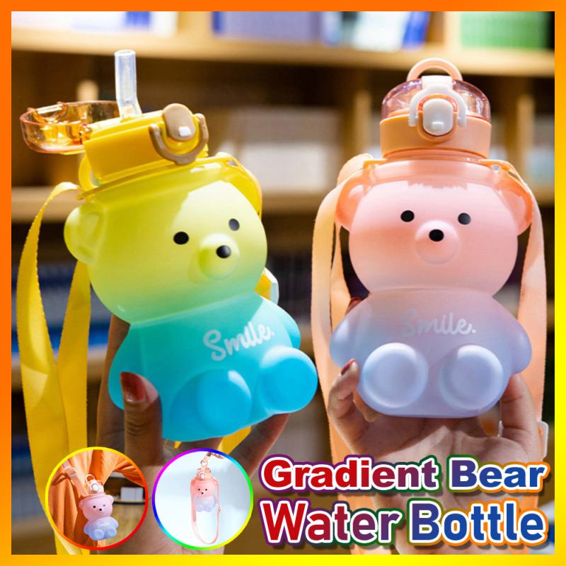 800 ml Wasserflasche in Bärenform mit Farbverlauf, niedlicher Sportbecher aus Kunststoff mit Strohhalm, Trinkbecher für Kinder und Mädchen
