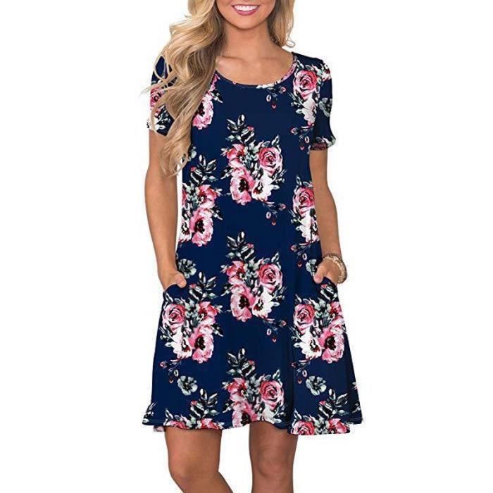 Robe Femme Ete Manches Courte Imprimé Casual Robe Mi-longue Col Rond Avec Poches - Bleu marine