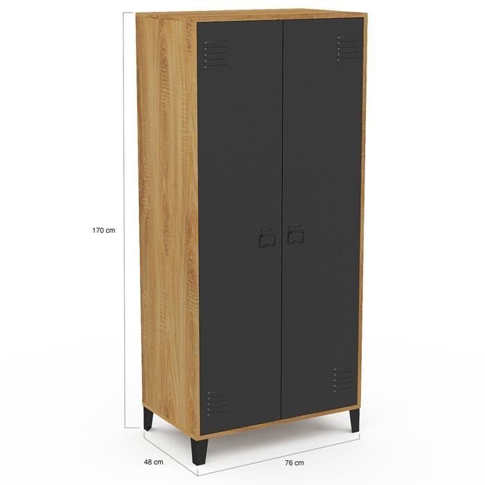 IDMARKET ESTER 2-door wardrobe/locker, black metal with wood trim, industrial design