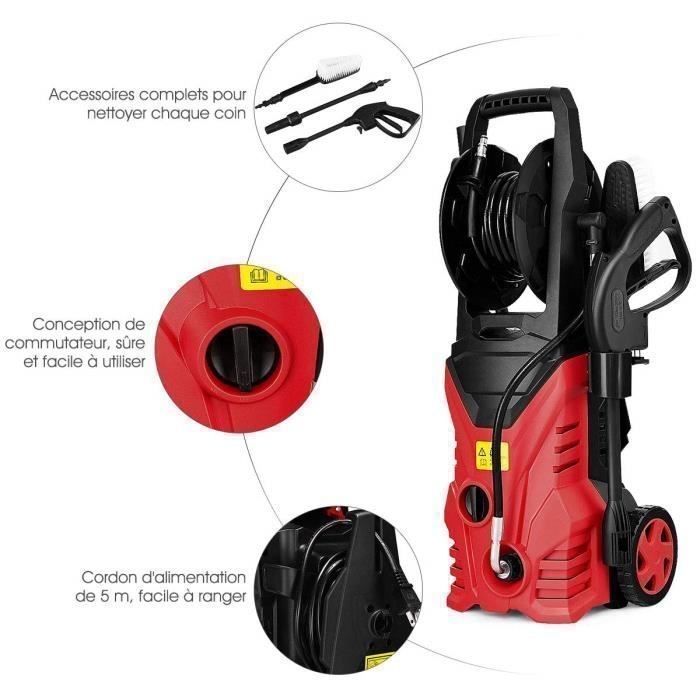 Hidrolimpiadora GOPLUS de alta presión, 140 bar, 1500 W, 300 l/h, boquilla de alta presión, manguera de 5 m con 2 ruedas, color rojo.