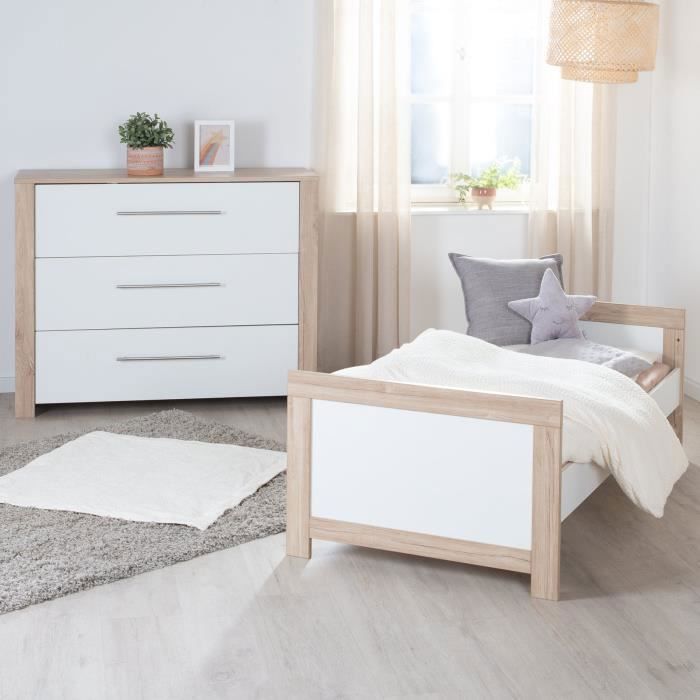 ROBA Complete Baby Room Set - Malo - Convertible Cot 70x140 cm + Changing Table + 3-Door Wardrobe - White - Oak Finish