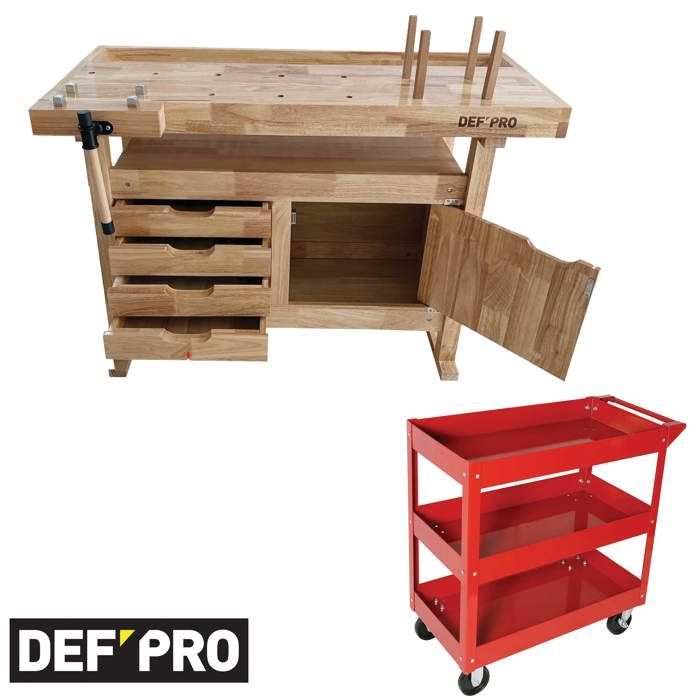 Juego completo para taller: carro de herramientas de 3 niveles + banco de trabajo de madera de 4 cajones
