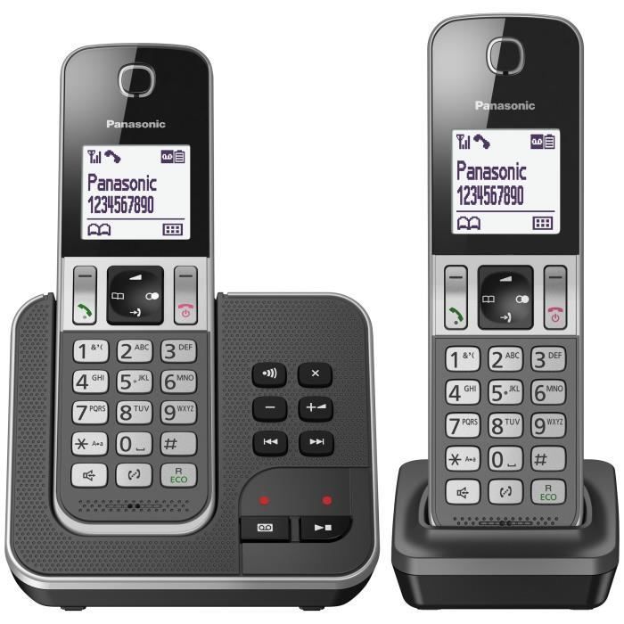 Teléfono inalámbrico Panasonic KX-TGD322FRG con contestador automático digital, base y 2 terminales, manos libres e identificador de llamadas.