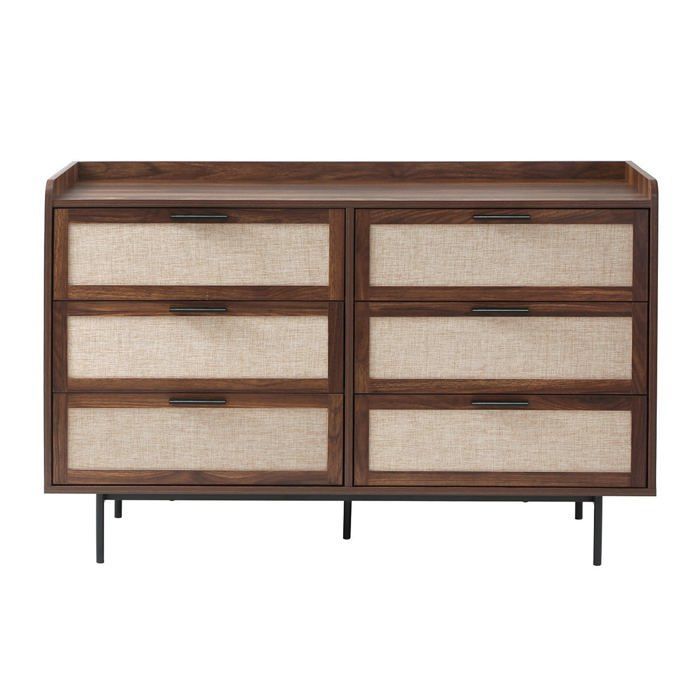 CALICOSY - Commode 6 Tiroirs décor noyer avec façades en tissu L120 cm - JETSON - Bois foncé