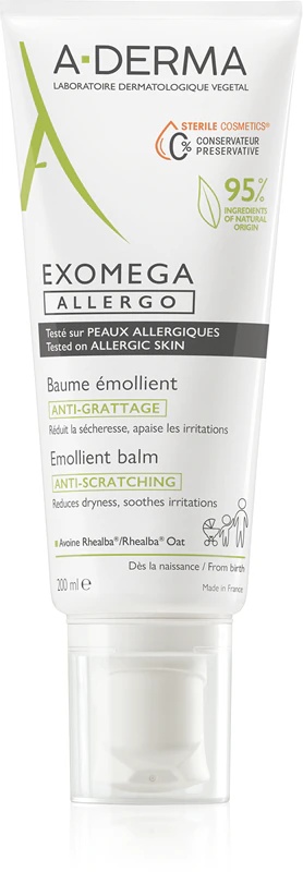 A-Derma Exomega Control Allergo drėkinamasis kremas, stiprinantis jautrios ir atopinės odos apsauginį barjerą.