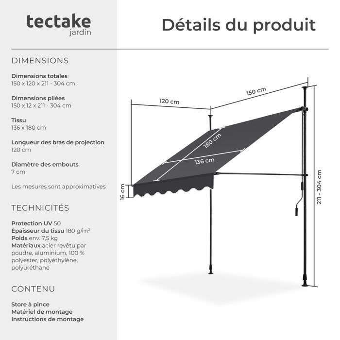 Toldo de jardim - TECTAKE - Toldo de encaixe sem furos, com manivela ajustável em altura - Preto/Cinza - 150 x 180 cm
