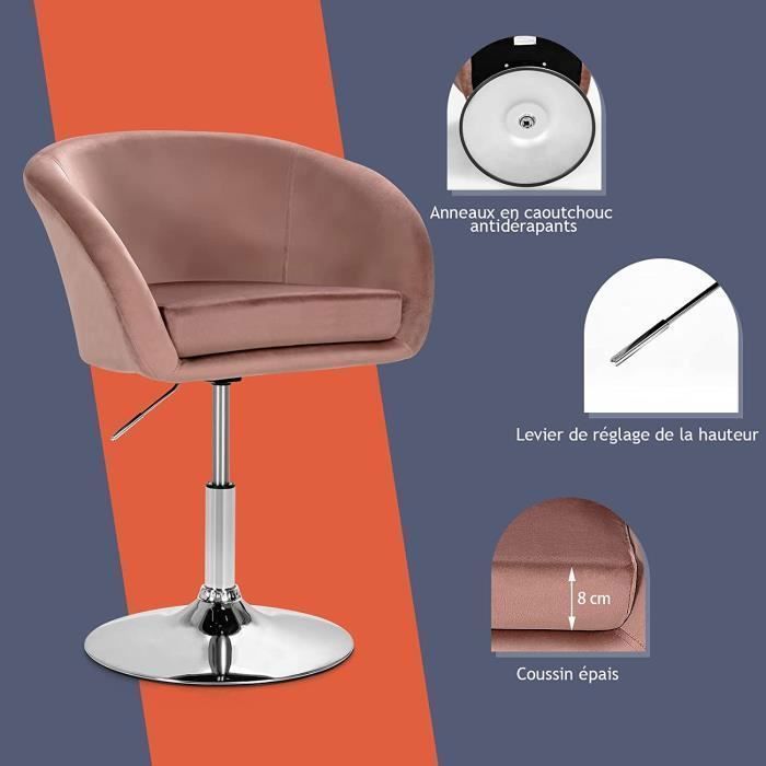 Sillón de tocador GOPLUS de terciopelo - Altura del asiento ajustable de 47 a 60 cm - Giro de 360° - Capacidad de carga de 120 kg - Rosa