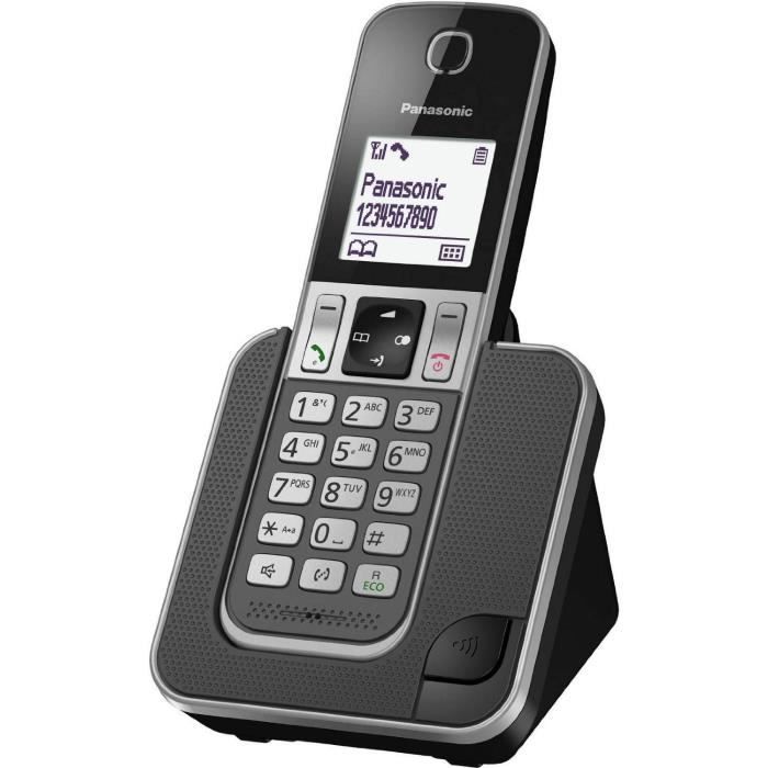 Telefone sem fio Panasonic KX-TGD310FRG, preto, tela LCD, secretária eletrônica integrada, viva-voz, identificador de chamadas