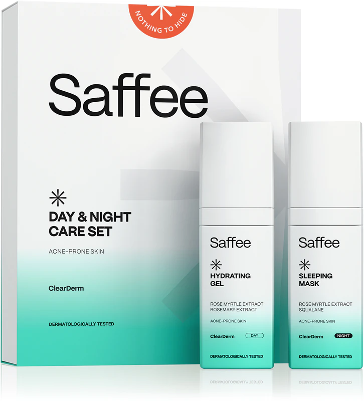 Kit de cuidados diurnos e noturnos Saffee ClearDerm para pele com problemas.